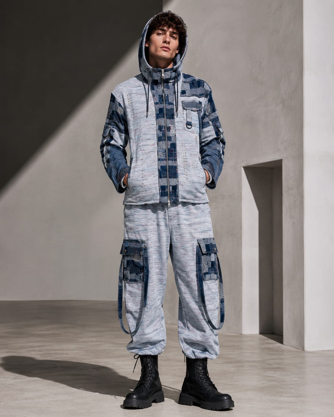 PARVANO jacquard denim jacket, premium unisex denim streetwear with textured jacquard fabric