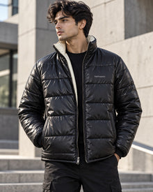 PARVANO puffer jacket in black with ivory contrast lining — front detail view