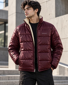 PARVANO puffer jacket in burgundy with contrast lining — front detail view