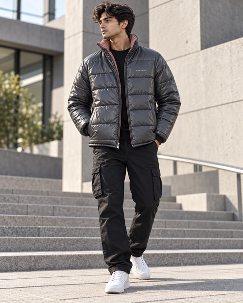 PARVANO puffer jacket in charcoal grey — full front styling view