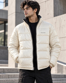 PARVANO puffer jacket in ivory white with black contrast lining — front detail view