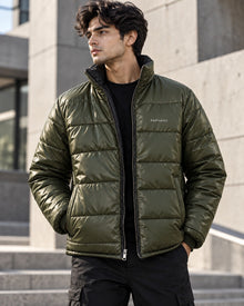 PARVANO puffer jacket in olive green — front detail view