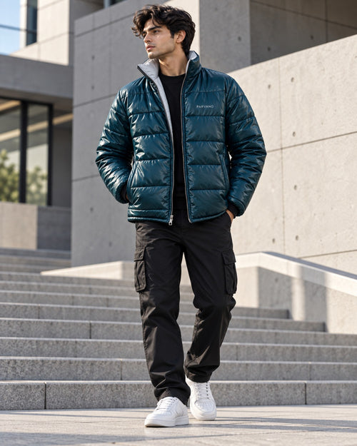 PARVANO puffer jacket in deep teal — full front styling view